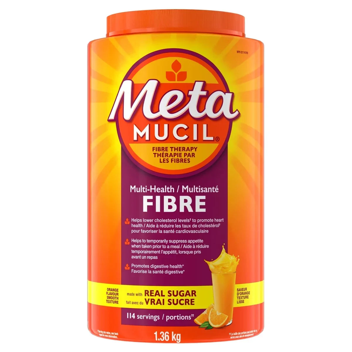 Metamucil 3 in 1 Psyllium Husk Fibre Powder Supplement for Digestive Health, 1.36 kg product package