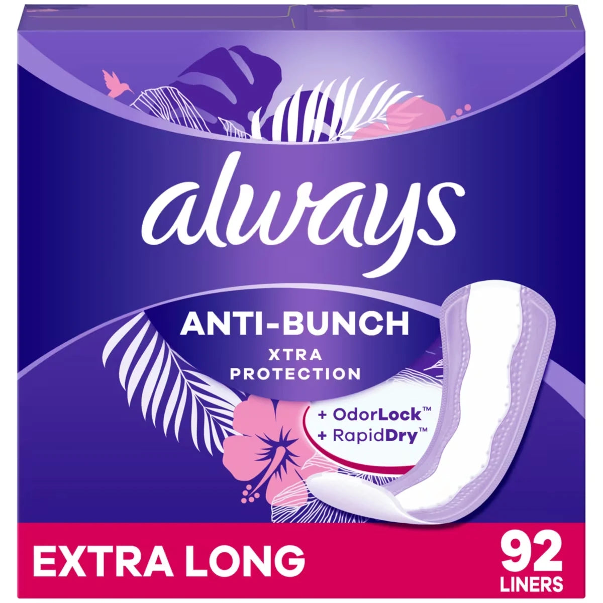 Always Anti-Bunch Xtra Protection Daily Liners, Extra Long Length, Unscented, 92 Count front package