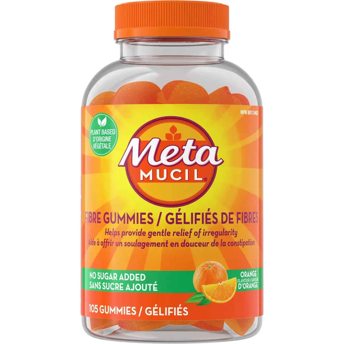 Metamucil Fibre Gummies, No Sugar Added, Orange Flavour, Prebiotic, Plant-Based, 105 Count product package