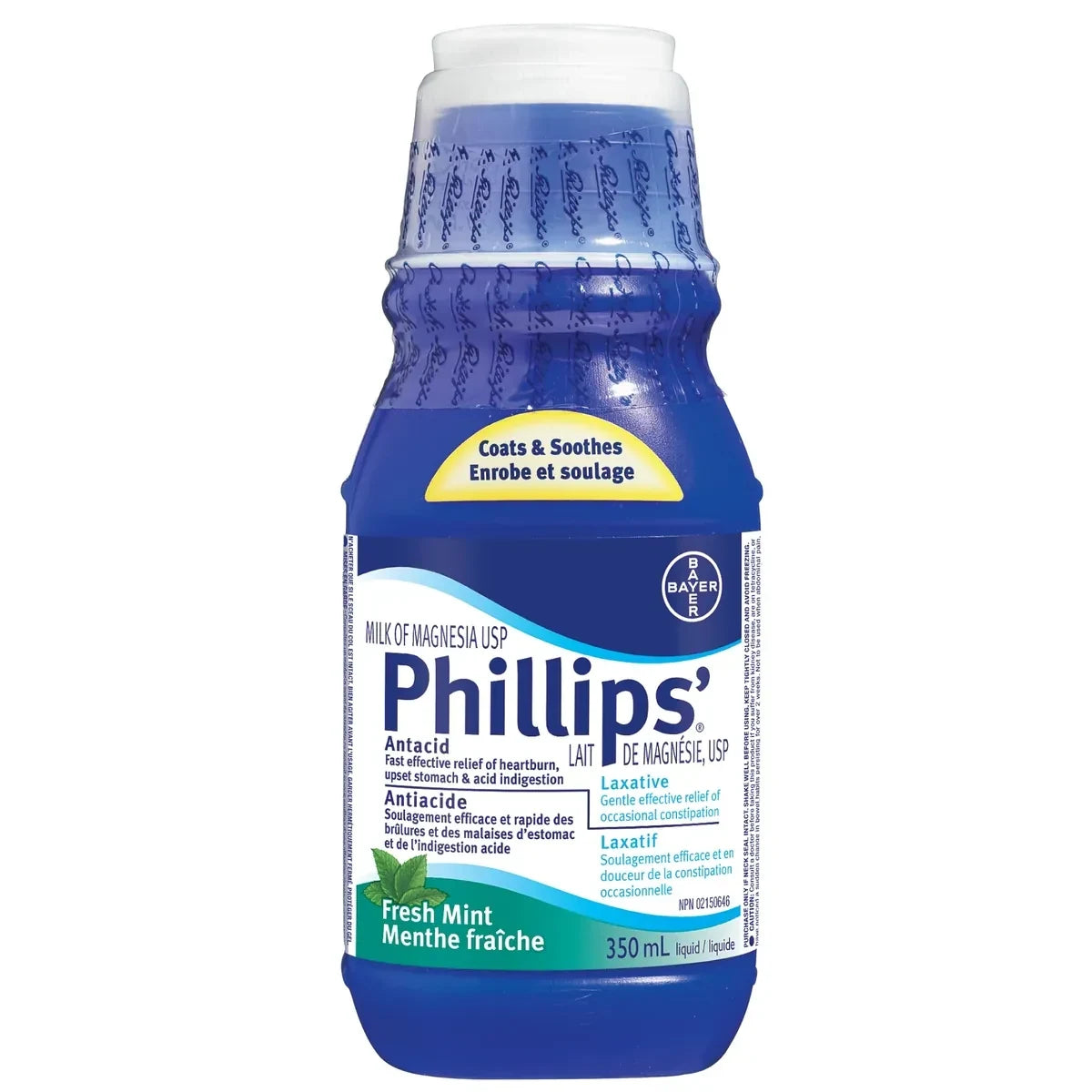 Phillips Milk of Magnesia Mint, Constipation Relief, Cramp Free, Stimulant-Free, Saline Laxative, 350 mL product package