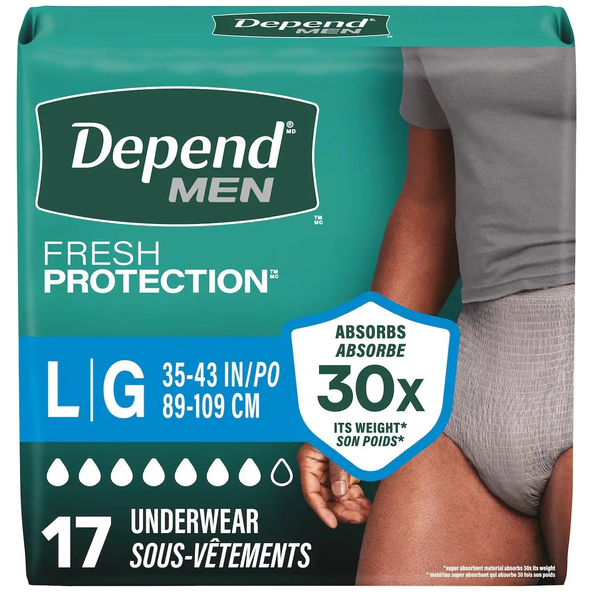 Depend Fresh Protection Adult Incontinence Underwear for Men, Disposable, Maximum, Large, Grey front package