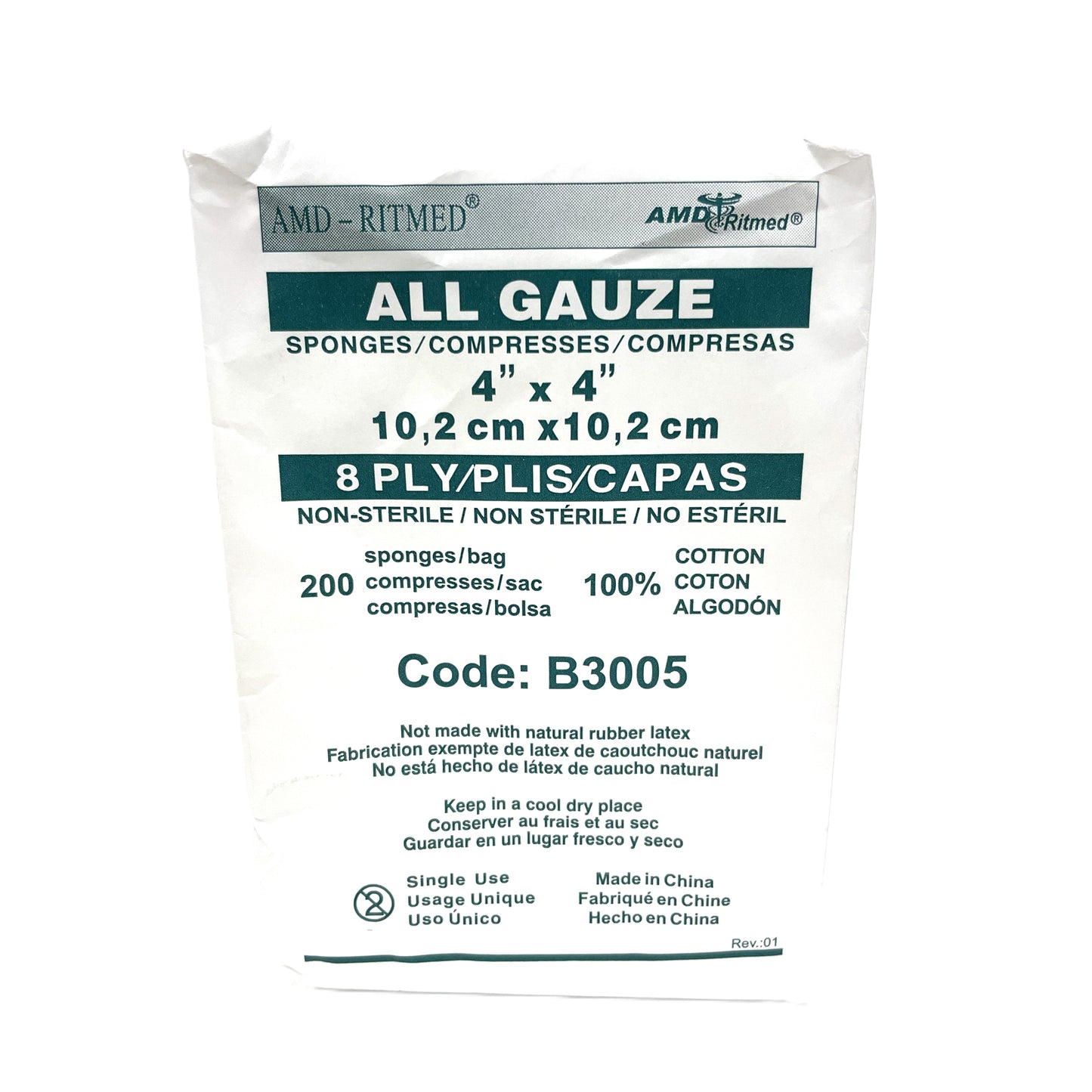Gauze Sponge Woven Non Sterile 8 Ply Pack of 200 Units 4 in x 4 in