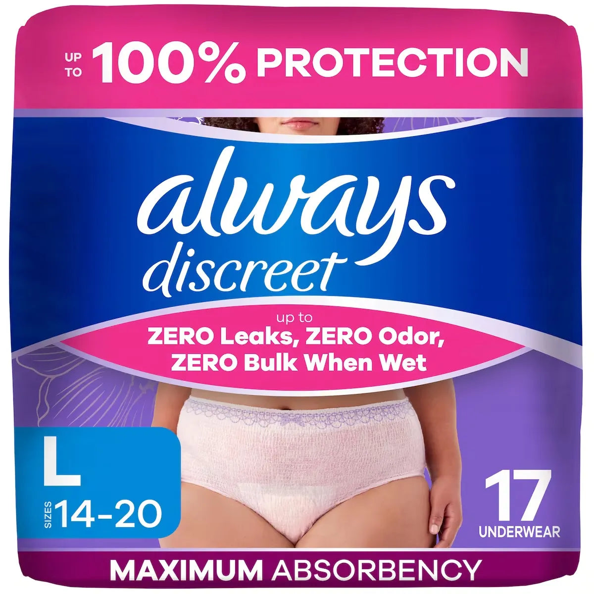 Always Reimagined Adult Diapers for Women, Maximum Incontinence and Postpartum Underwear L, 17 CT 17 count front package