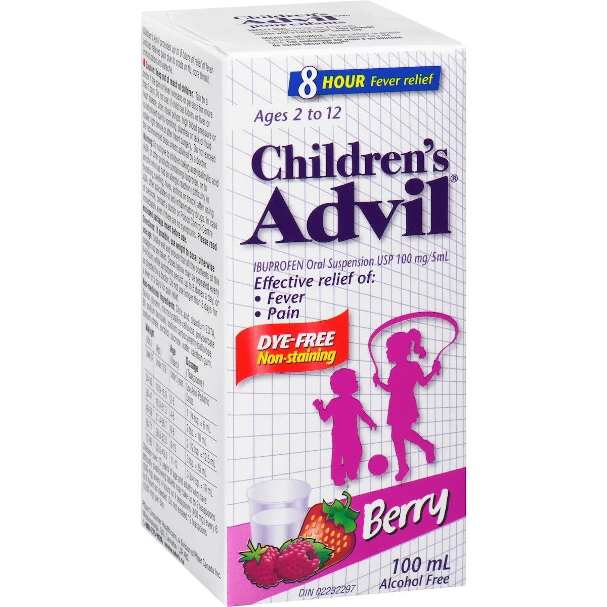 Advil Children's Fever and Pain Relief Ibuprofen Oral Suspension, Dye Free, Berry, 100 mL product detail
