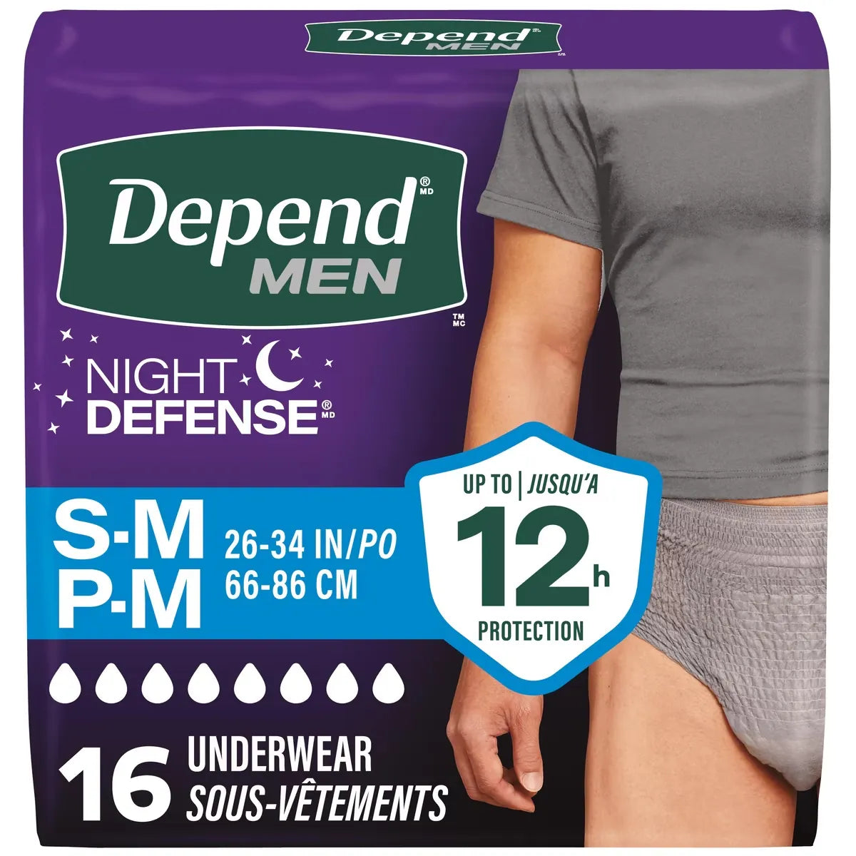 Depend Night Defense Incontinence Underwear for Men, Overnight, Size S/M, 16 Count front package