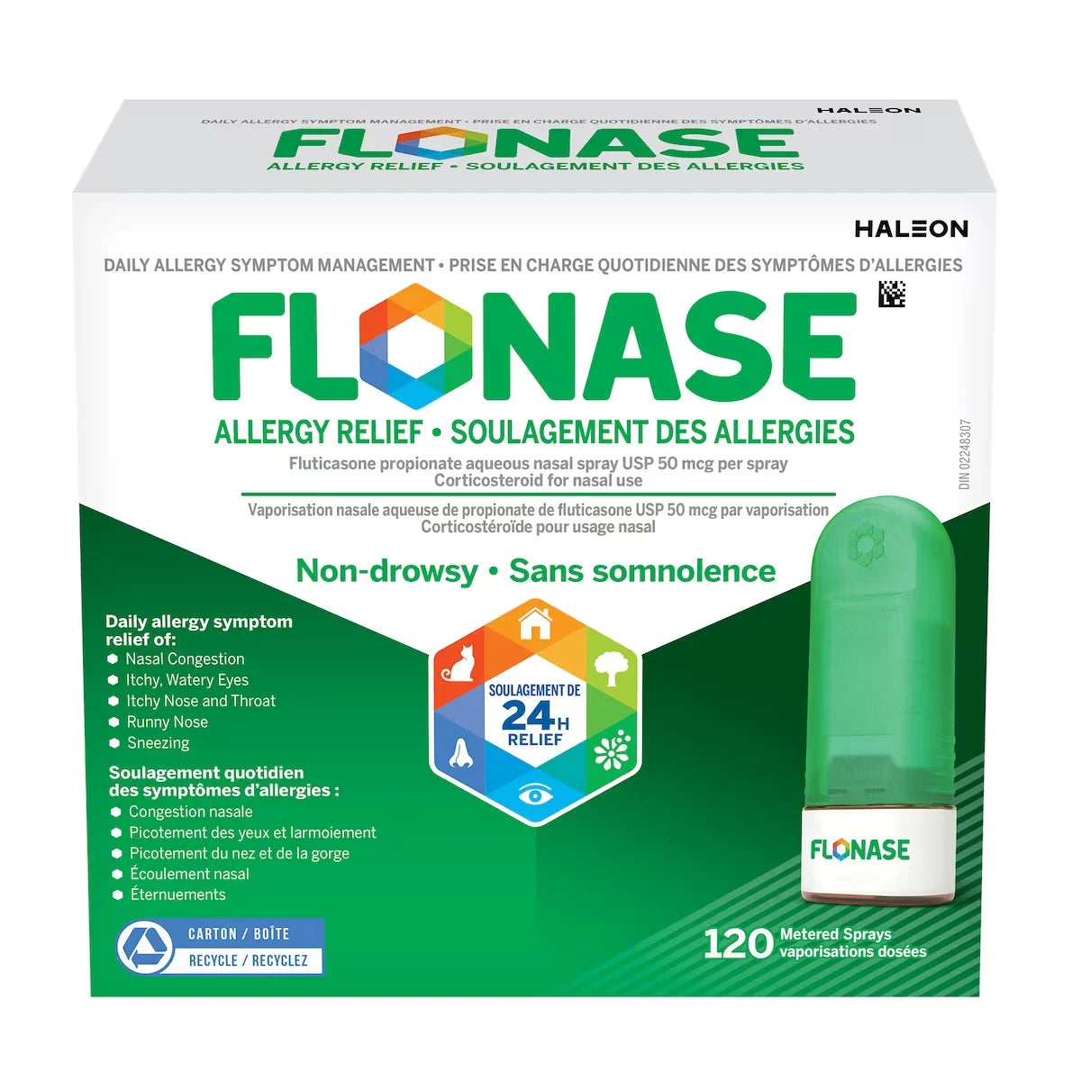 Flonase Allergy Nasal Spray, 24-Hour All-In-One Allergy Relief, Non-Drowsy, 120 Sprays 120 Count product package