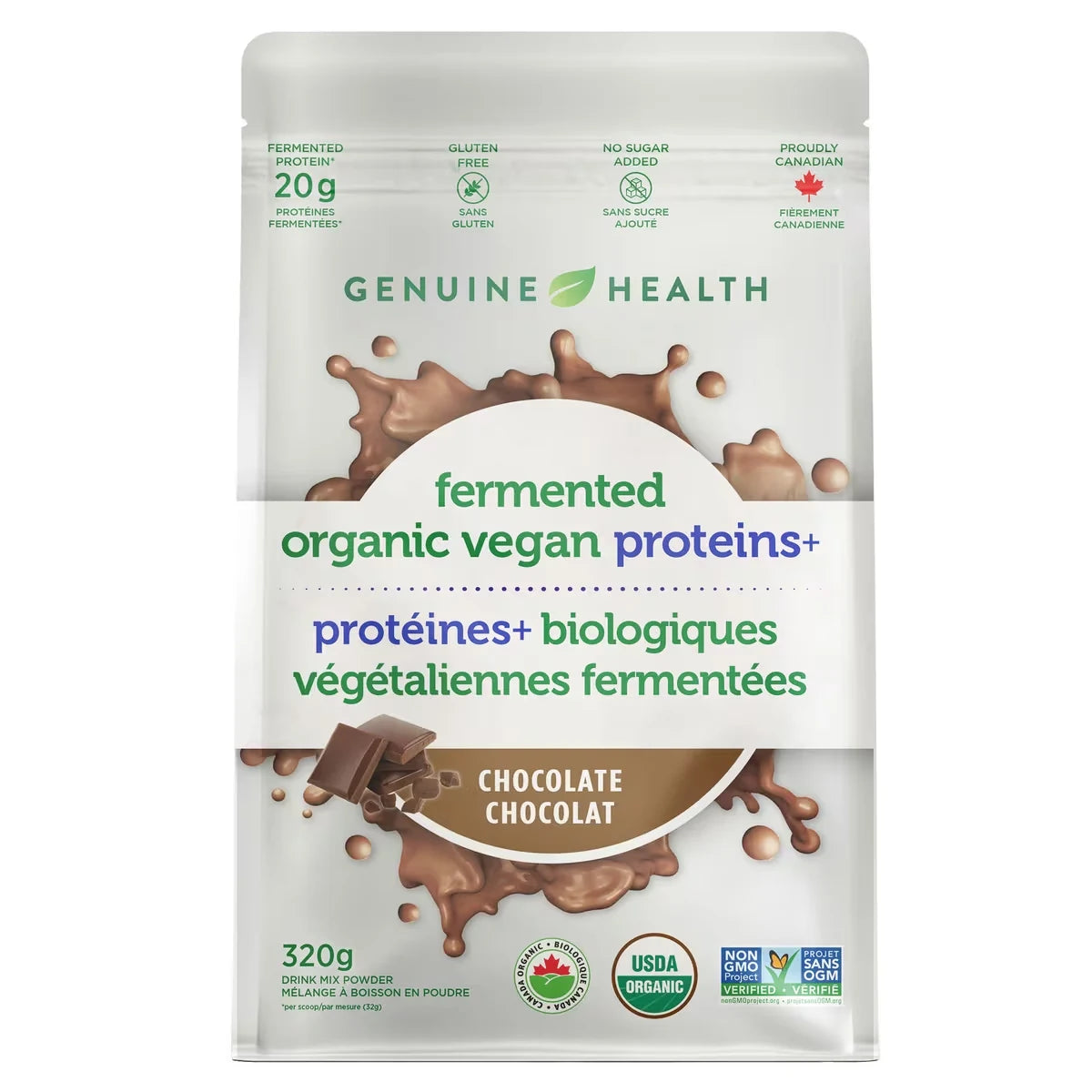 Genuine Health fermented organic vegan proteins+ chocolate 10 serve gusset bag alternate view