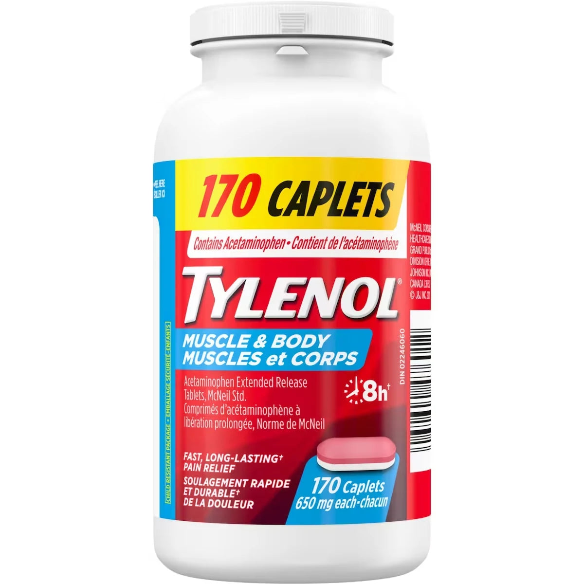 Tylenol Muscle & Body Pain Relief- Acetaminophen 650 mg - Fast Acting - Bi-Layer Caplets front package