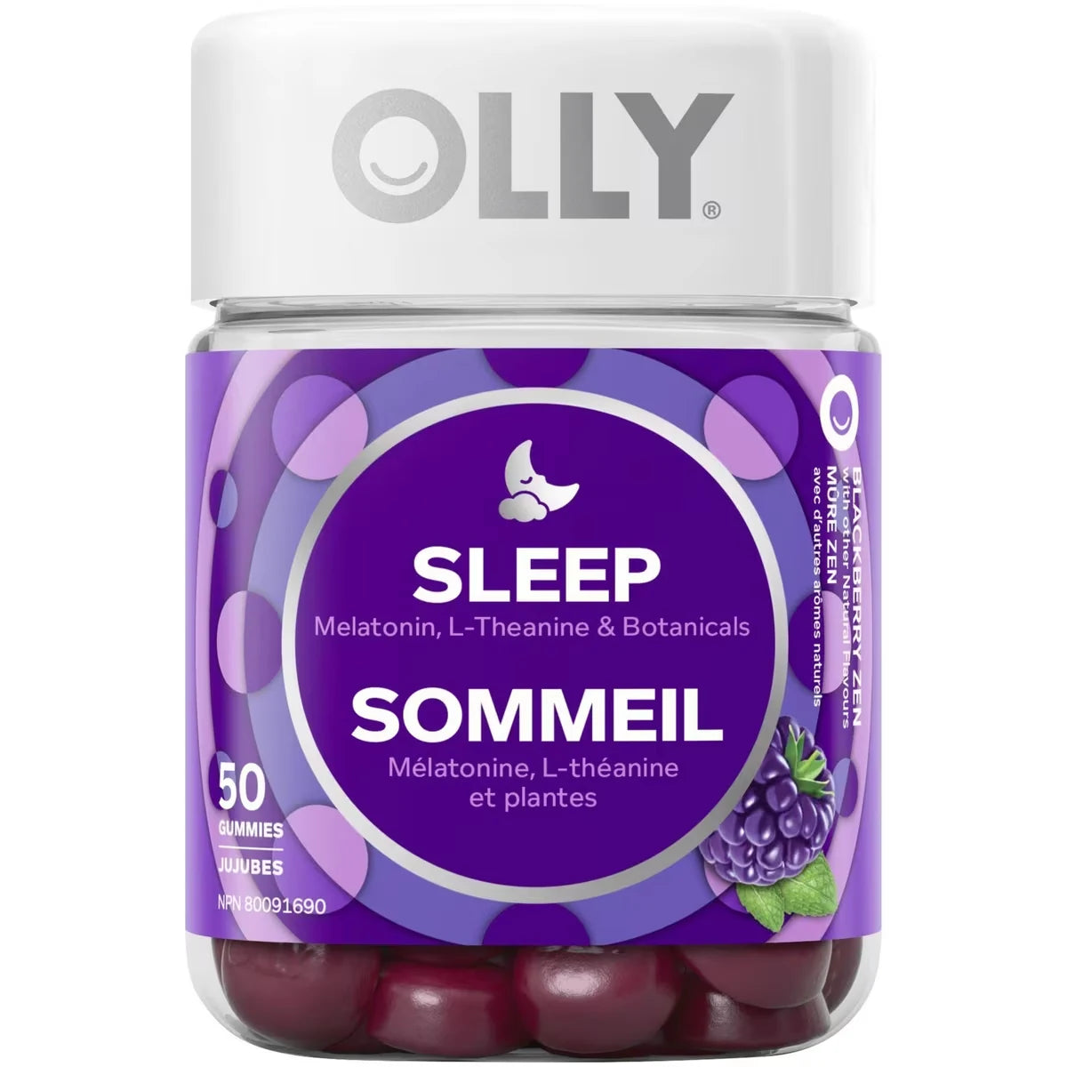 OLLY Supplement For Sleep-Aid Blackberry Zen gluten free 25 day supply 50 gummies front package