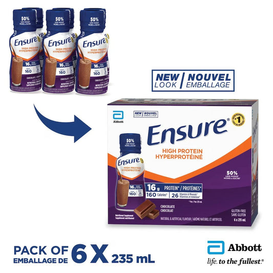 Ensure High Protein 16 g of protein, ready-to-drink nutritional supplement, Chocolate, 6 x 235 mL product detail