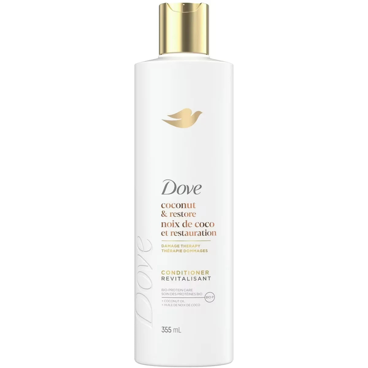 Dove Coconut Oil & Restore Conditioner for Damaged Hair, with Liquid Bio-Protein Care 355 ML front package
