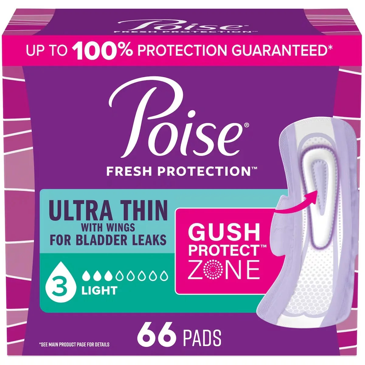 Poise Ultra Thin Incontinence & Postpartum Pads with Wings for Bladder Leaks, 3 Drop Light Absorbency, Regular Length front package