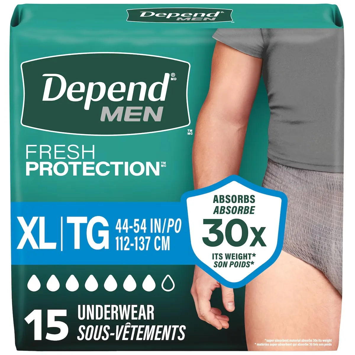 Depend Fresh Protection Adult Incontinence Underwear for Men, Disposable, Maximum, Extra-Large, Grey, 15 Count front package