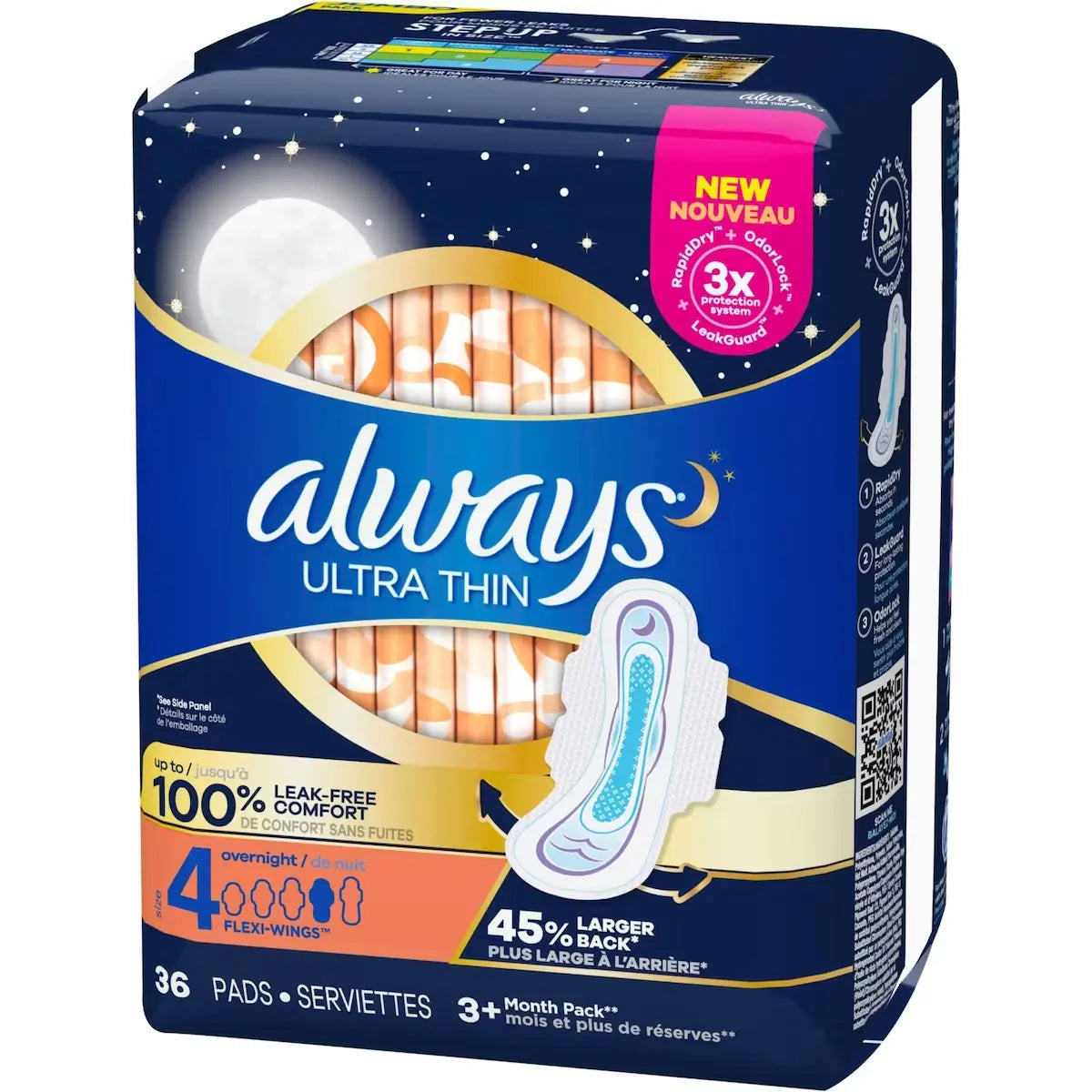 Always Ultra Thin Pads Size 4 Overnight Absorbency Unscented with Wings, 36 Count front package