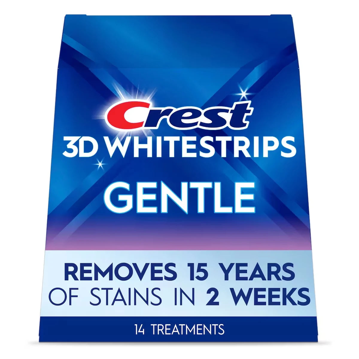 Crest 3DWhitestrips Gentle At-Home Teeth Whitening Kit, 14 Treatments, Safely Removes 15 Years of Stains front package
