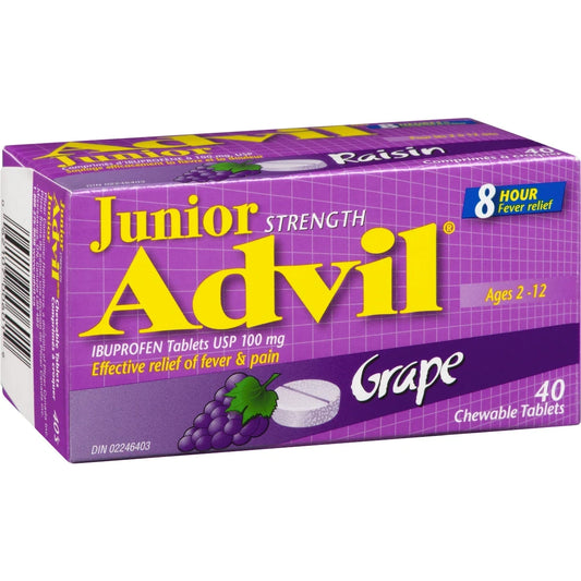 Advil Junior Strength Pain Reliever and Fever Reducer Ibuprofen Chewable Tablets, Grape, 40 Count product detail