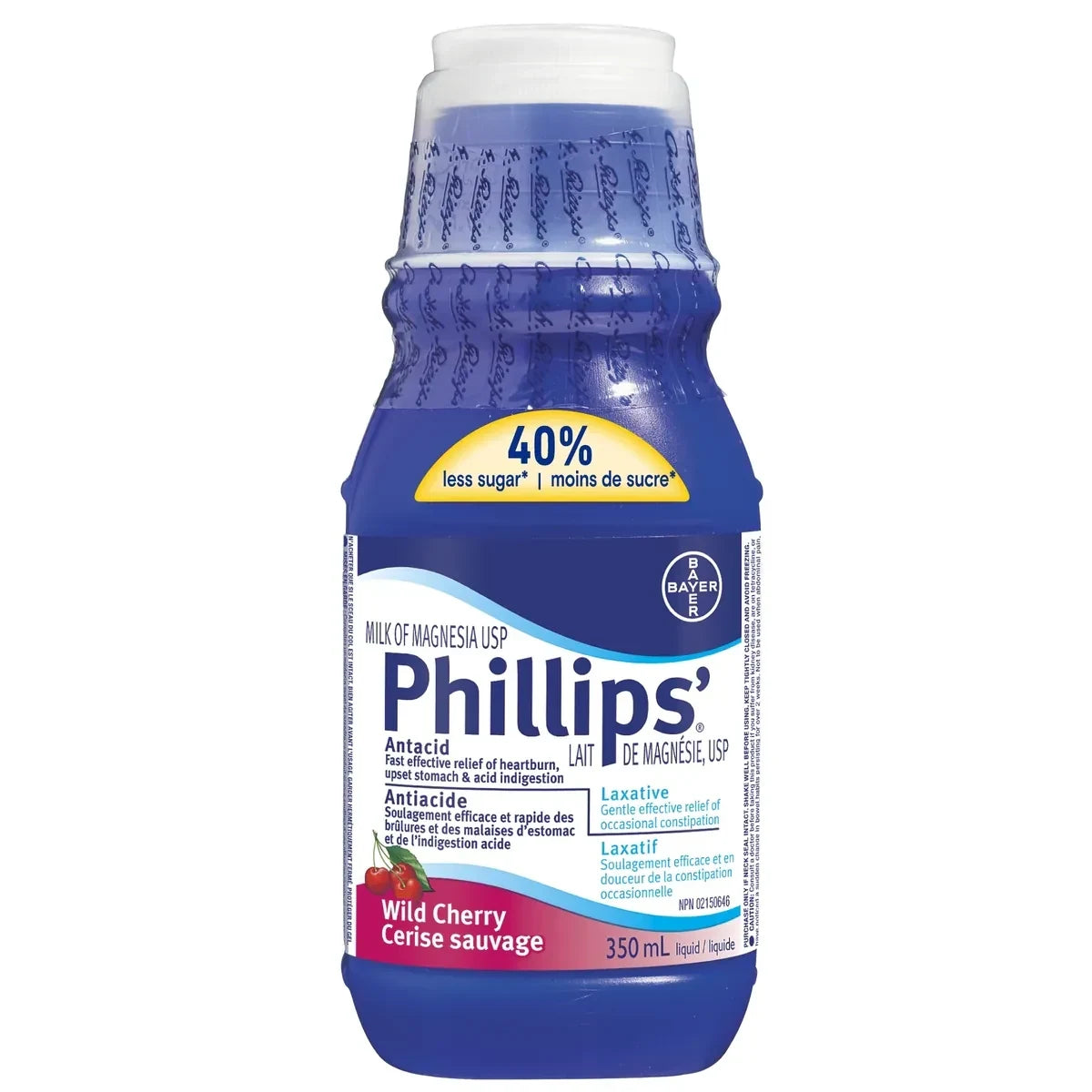 Phillips Milk of Magnesia Cherry, Constipation Relief, Cramp Free, Stimulant-Free, Saline Laxative, 350 mL product package