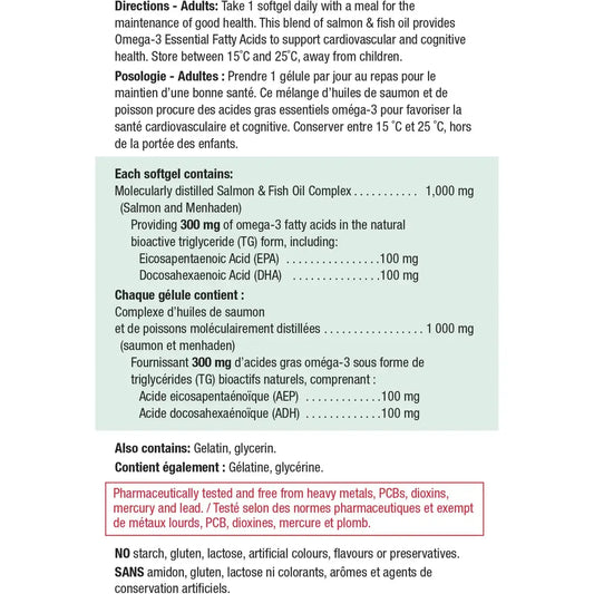 Jamieson Laboratories Salmon & Fish Oils Omega-3 Complex Softgels, 1,000 mg product detail