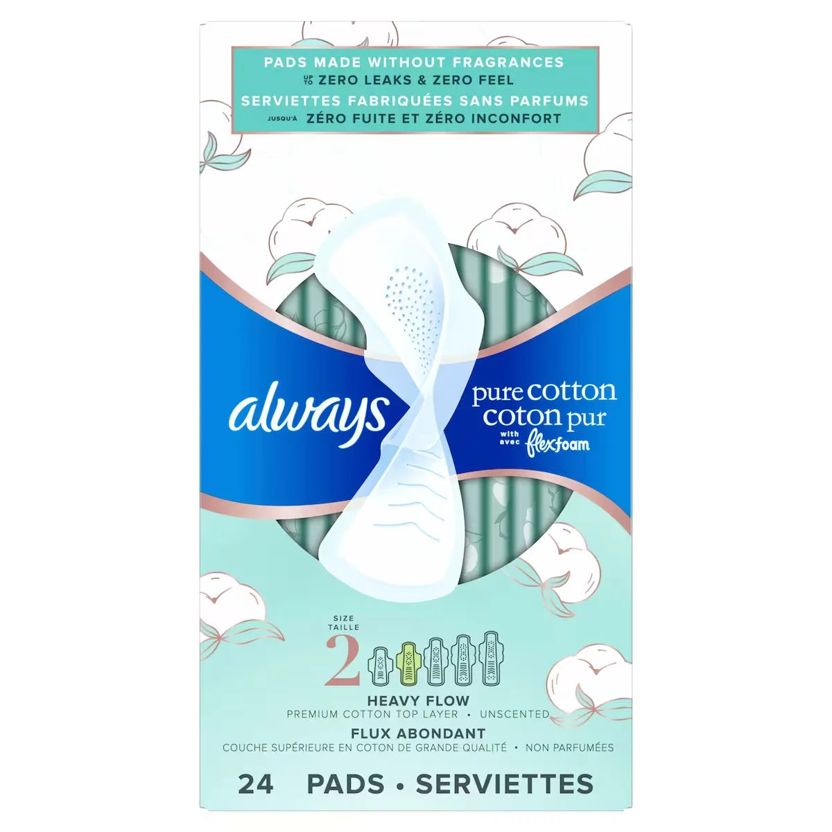 Always Pure Cotton with FlexFoam Pads Heavy Flow Size 2, 24 Count product detail