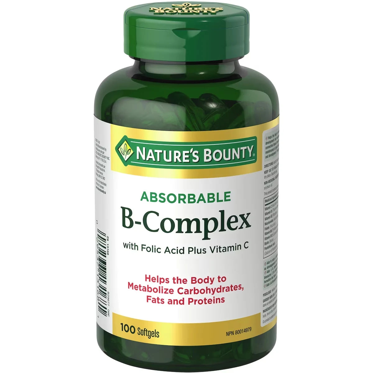 Natures Bounty B Complex w/Folic Acid plus Vitamin C, Helps Metabolize Carbohydrates, 100 Softgels front package