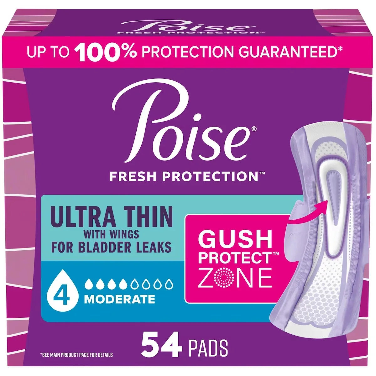 Poise Ultra Thin Incontinence & Postpartum Pads with Wings for Bladder Leaks, 4 Drop Moderate Absorbency, Regular Length front package