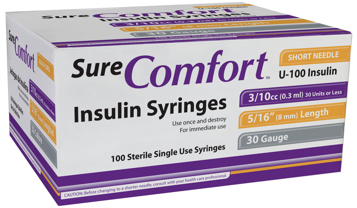 Allison Medical Sure Comfort Insulin Syringe, 30g, 5/16in (8mm), 3/10cc 22-6003 — Box of 100 — product image
