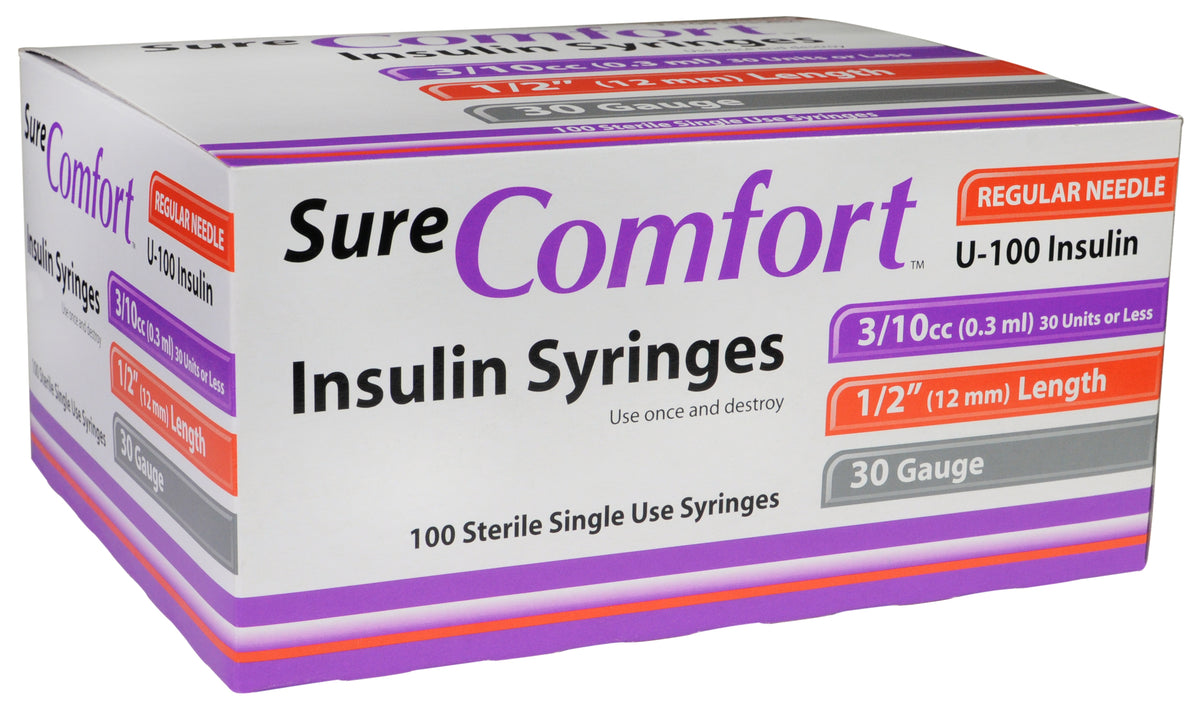 Allison Medical Sure Comfort Insulin Syringe, 29g, 1/2in (12mm), 3/10cc 22-9003 — Box of 100 — product image