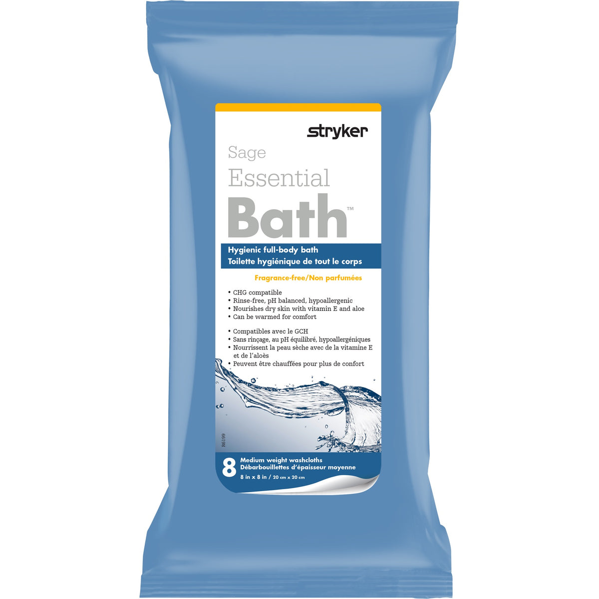 Sage Essential Bath Body Washcloth With Vitamin E & Aloe 8" X 8" Fragrance-Free Rinse-Free Hypo 7803-C — Pack of 8 — product image