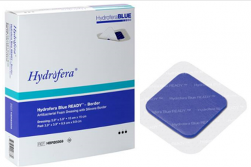 Hydrofera Llc Hydrofera Blue Ready-Border Dressing 4" X 4" Silicone Adhesive Border Waterproof & Breathable HBRB4040 — Box of 10 — product image