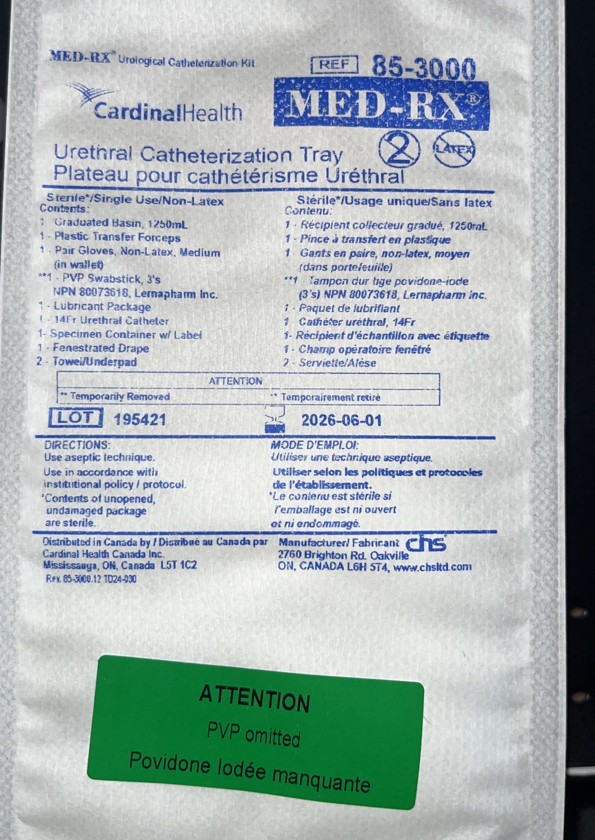 Med Rx Urethral Catheter Tray 14 Fr 85-3000 — Each — product image
