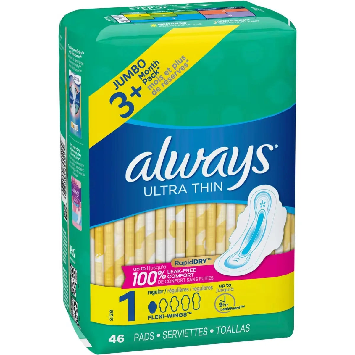 Always Ultra Thin Pads Size 1 Regular Absorbency Unscented with Wings, 46 Count product detail
