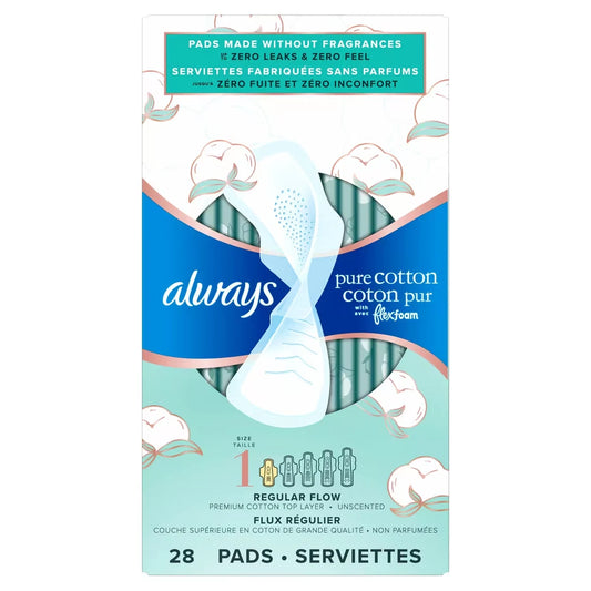 Always Pure Cotton with FlexFoam Pads Regular Absorbency Size 1, 28 Count product detail