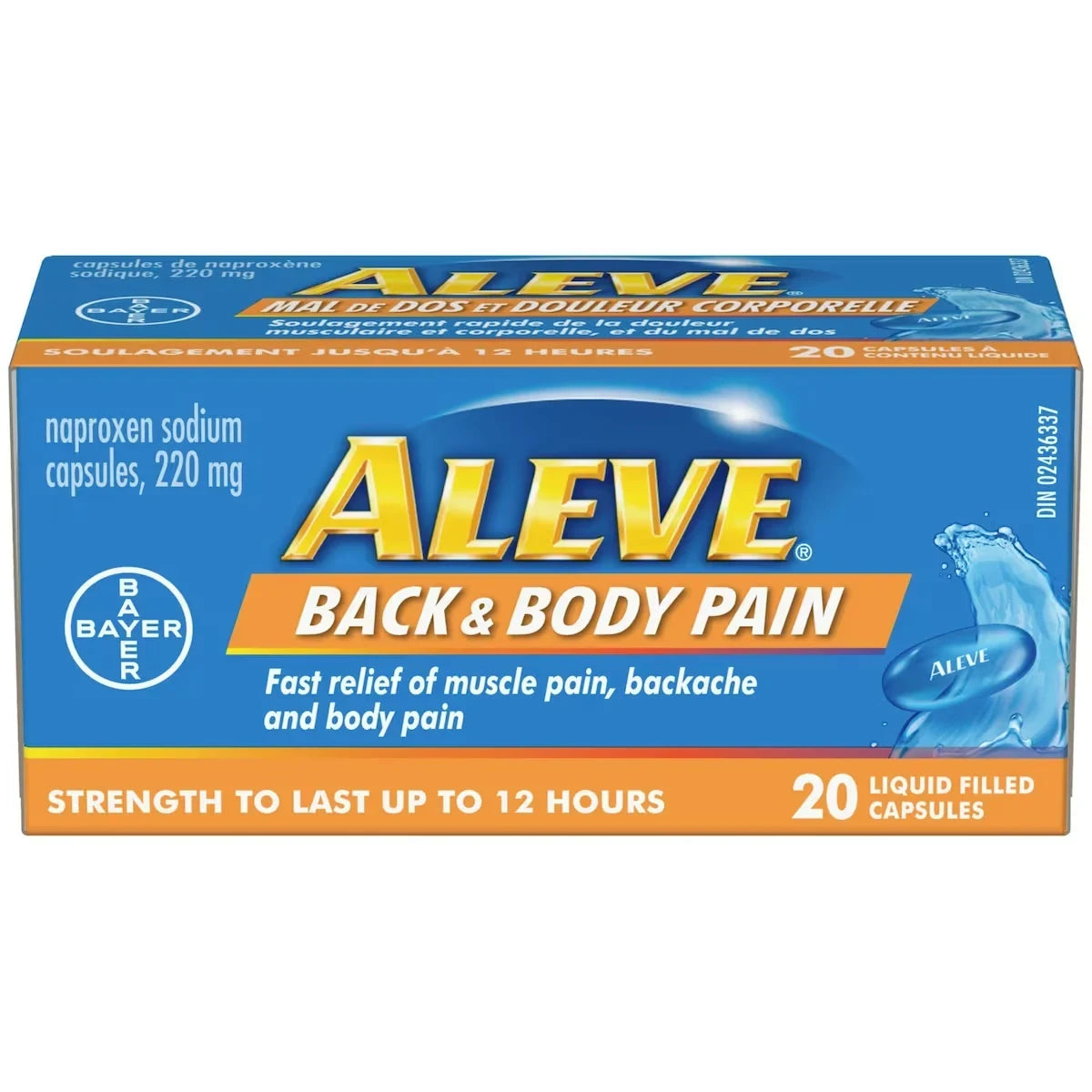 Aleve Back And Body Pain Relief Liquid Gels, Naproxen Sodium 220 mg, 20 Liquid Gel Capsules product package
