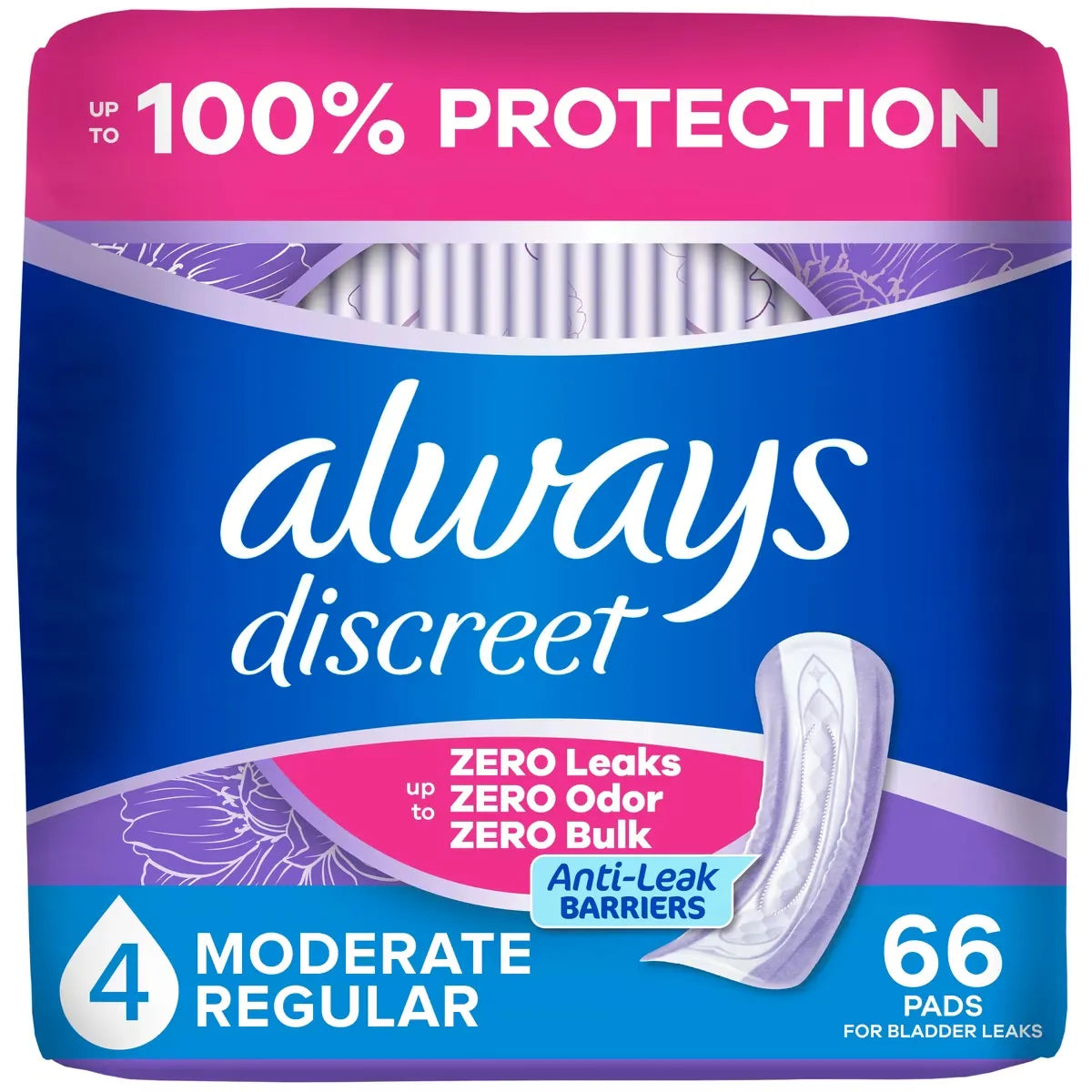 Always Adult Incontinence Pads for Women, Moderate Absorbency, Regular Length, Postpartum Pads, 66 CT 66 count front package