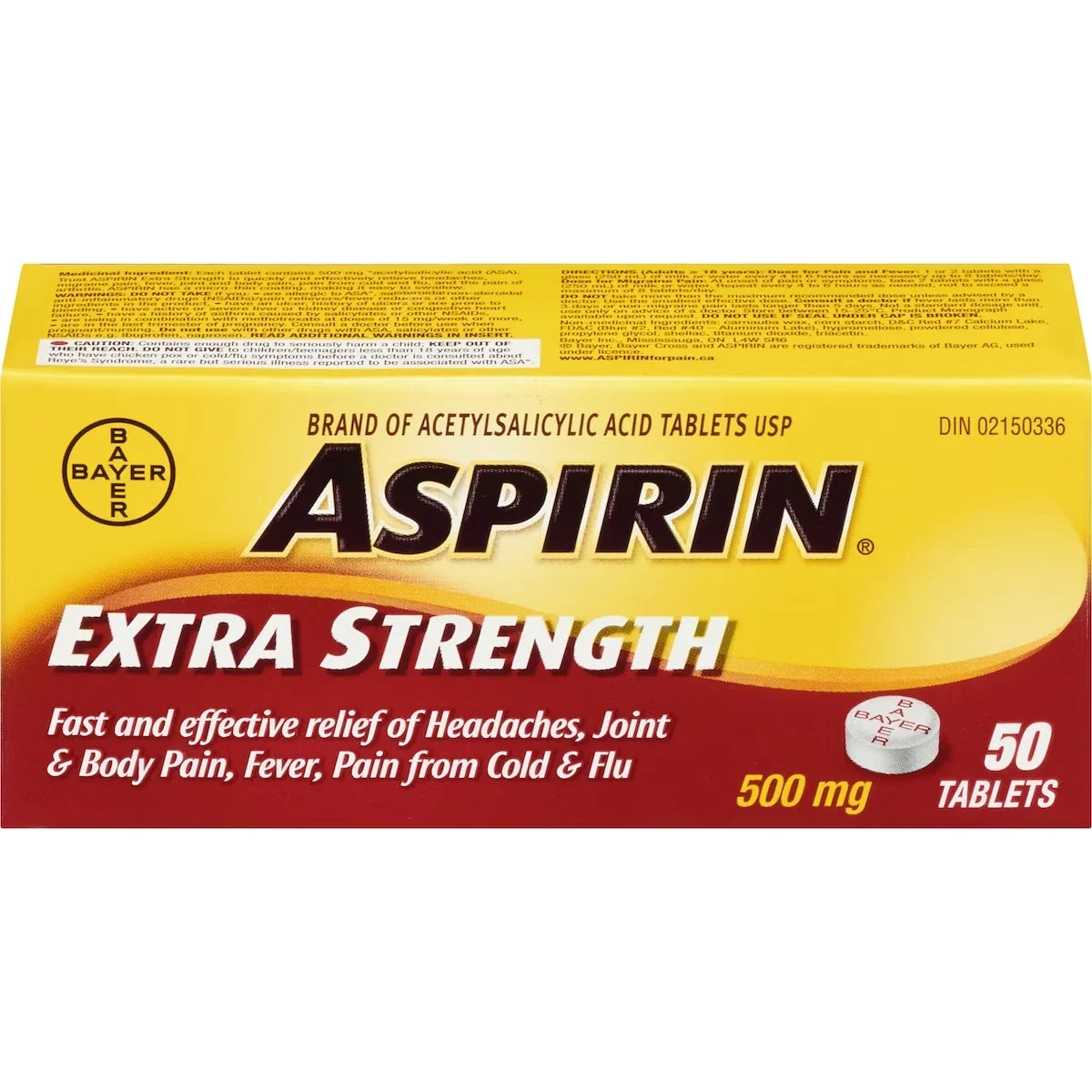 Aspirin Extra Strength 500 mg, 50 Tablets product package