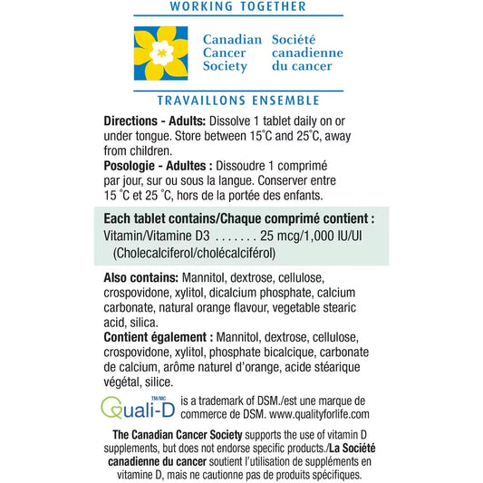 Jamieson Vitamin D 1,000 IU Fast Dissolving Sublingual Tablets product detail