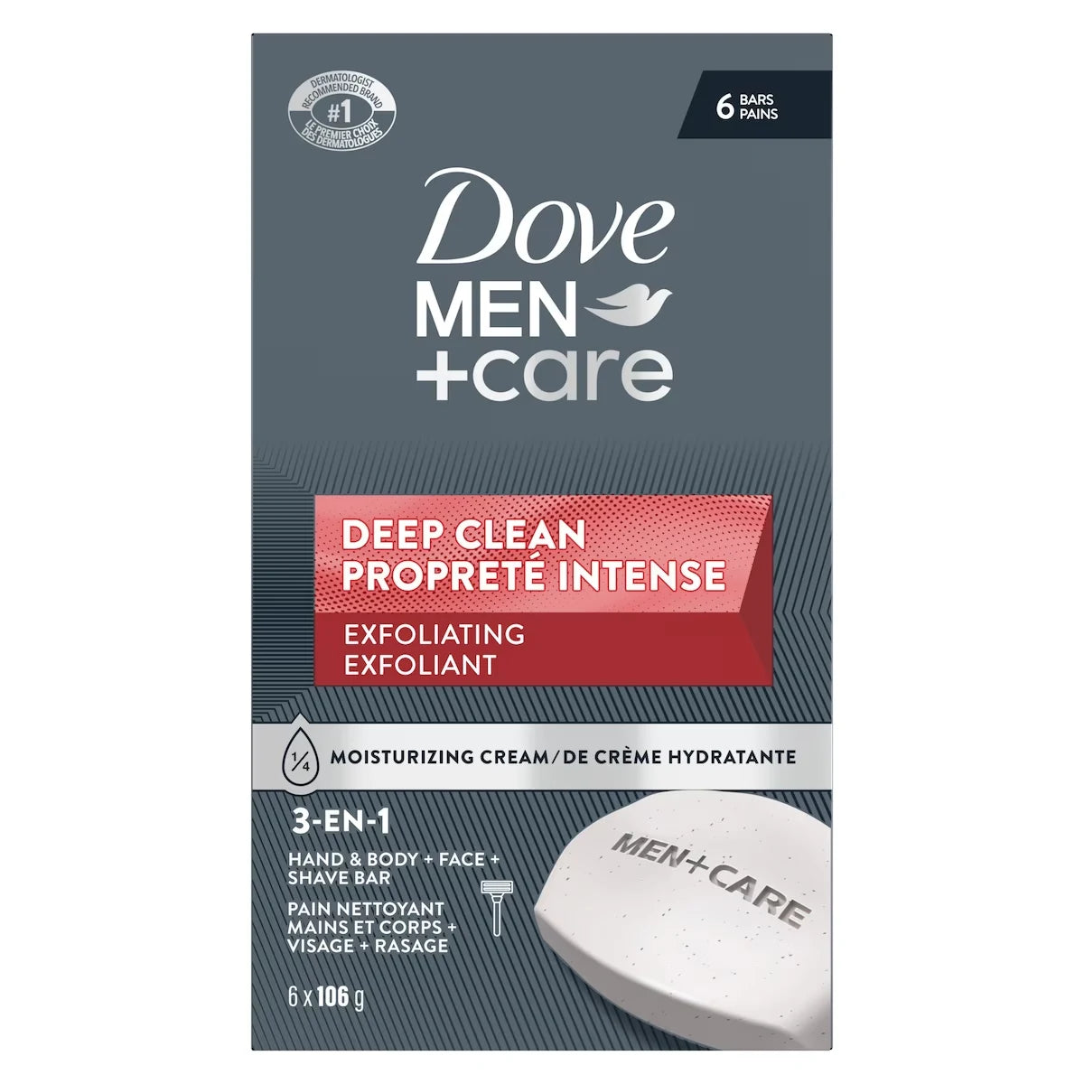 Dove Men+Care Deep Clean Hand & Body & Face & Exfoliation Bar Soap with purifying grains for healthy-looking and strong front package