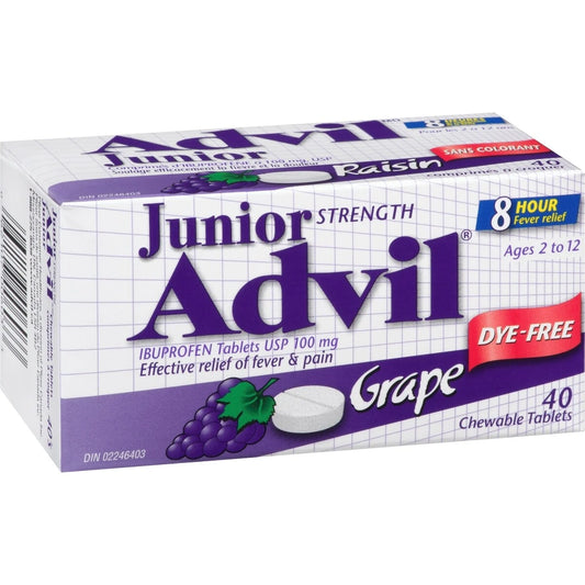 Advil Junior Strength Pain Reliever and Fever Reducer Ibuprofen Chewable Tablets, Dye Free, Grape, 40 Count product detail