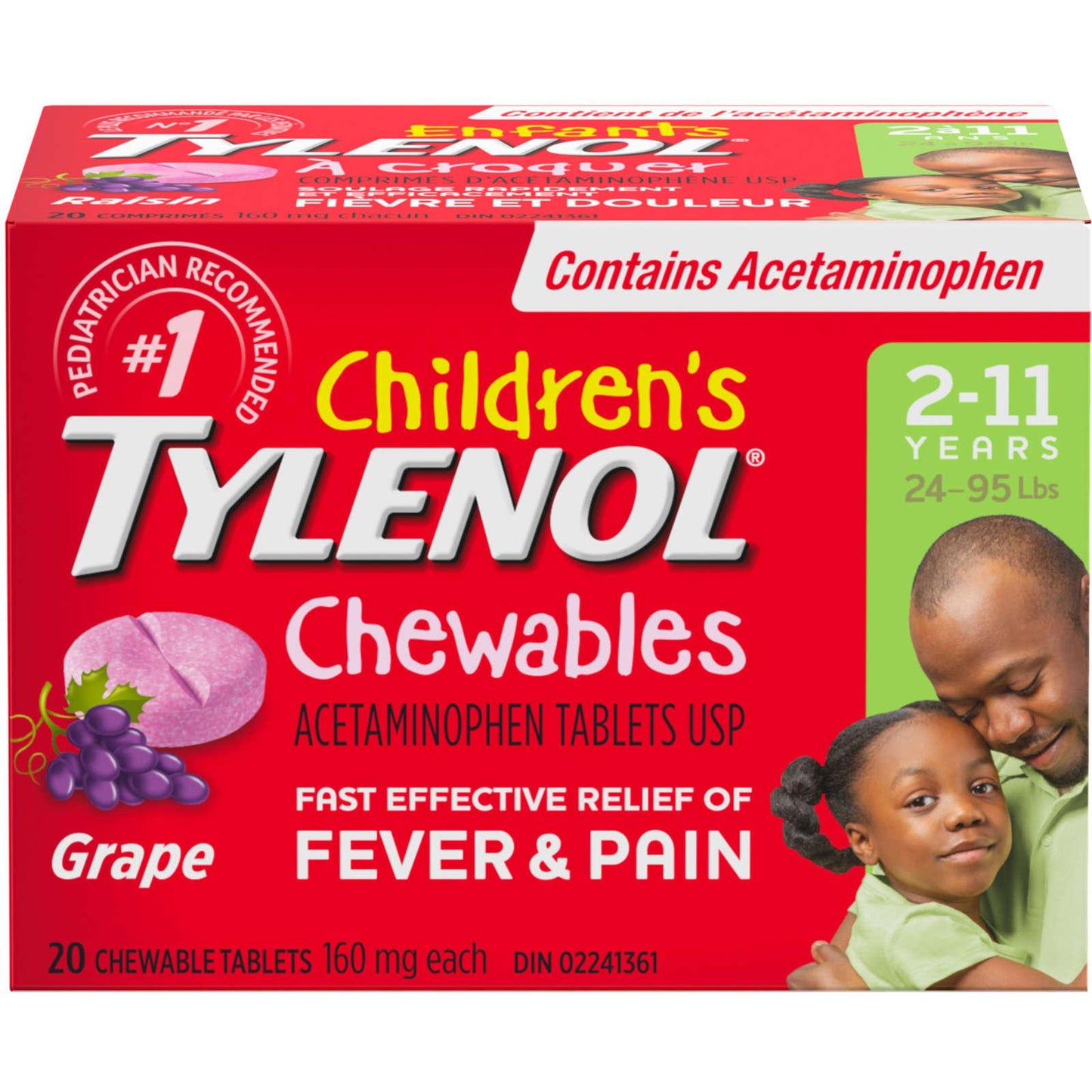 Tylenol Chewables pour enfants Fièvre et douleur Saveur raisin 20 comprimés