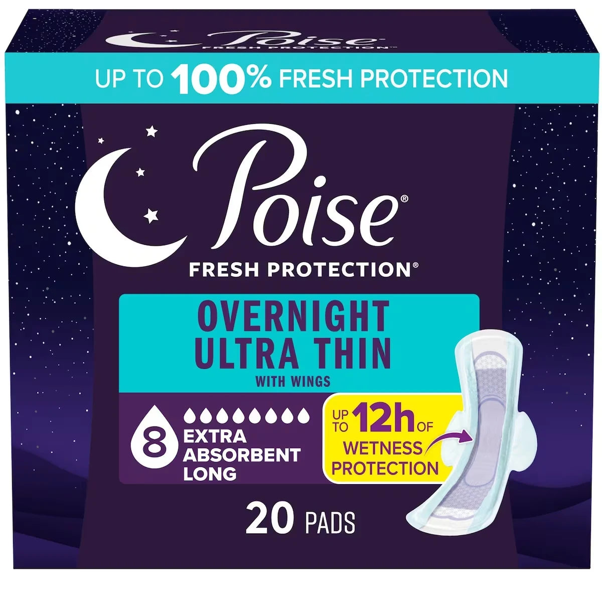 Poise Overnight Ultra Thin Incontinence & Postpartum Pads with Wings for Bladder Leaks, 20 Count front package