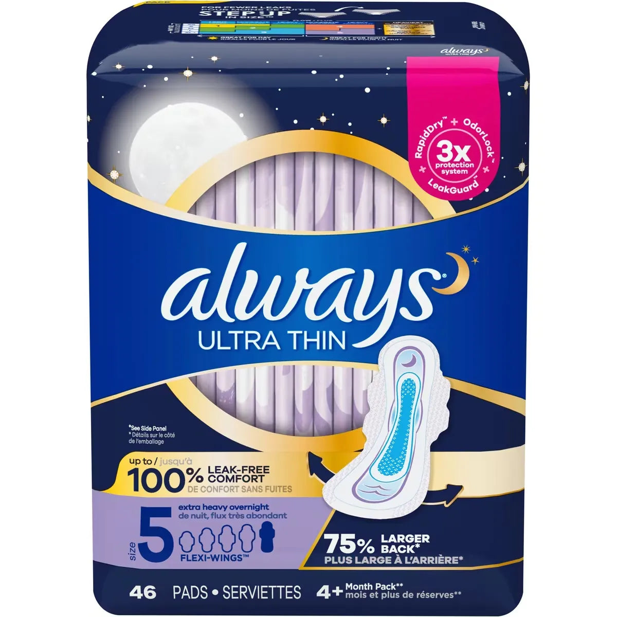 Always Ultra Thin Overnight Pads with Flexi-Wings, Size 5, Extra Heavy Overnight, Unscented front package