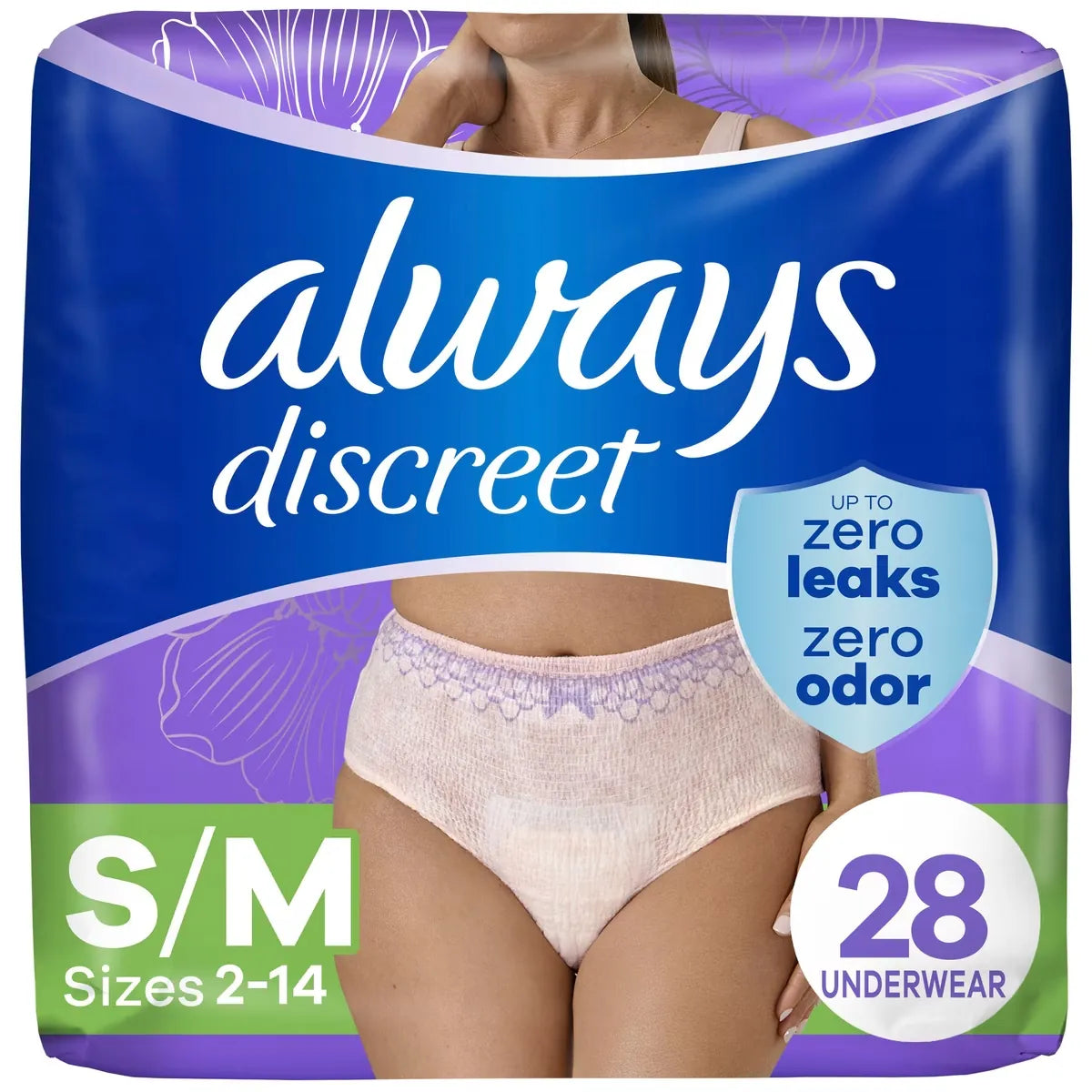 Always Adult Incontinence Underwear for Women and Postpartum Underwear, S/M, 28 CT front package