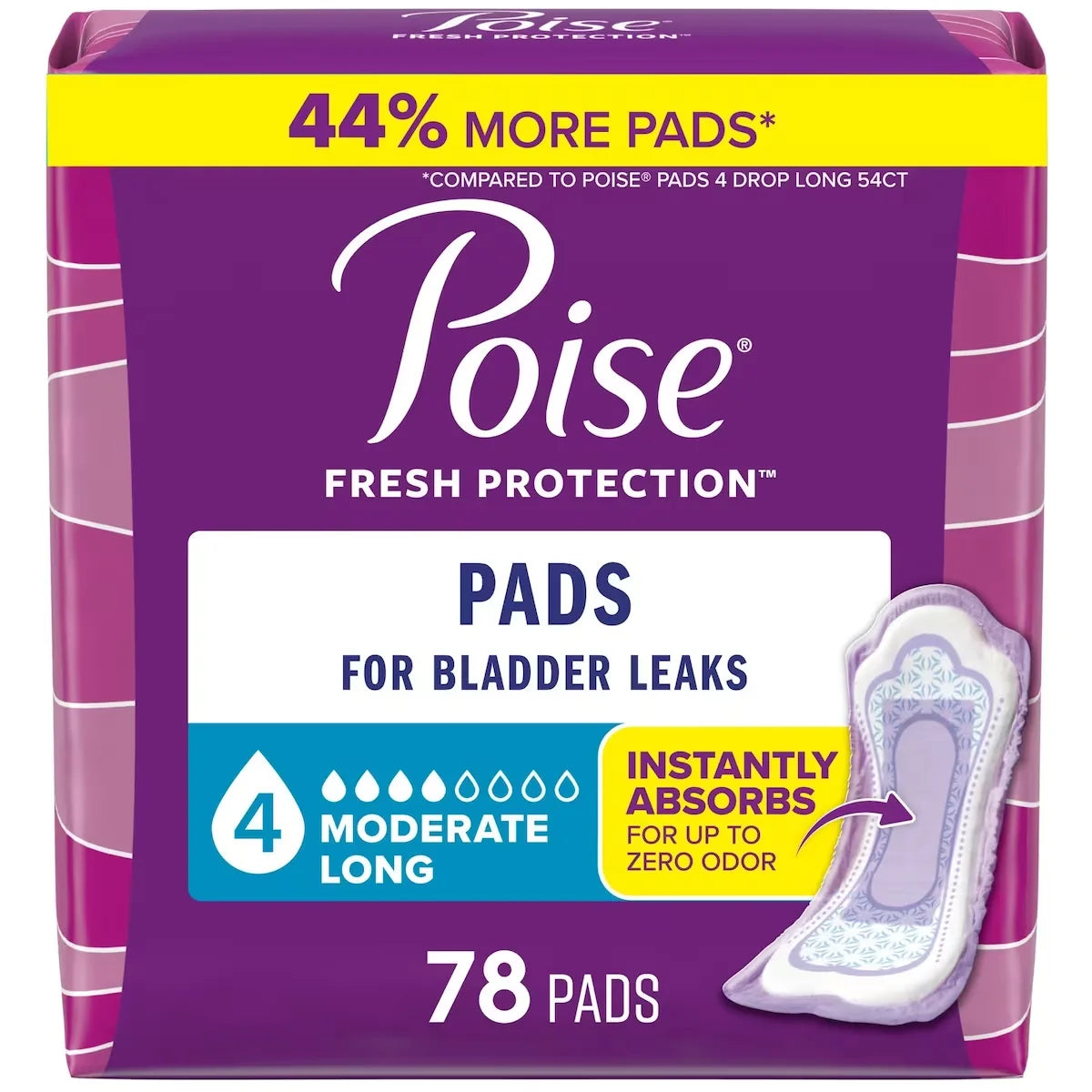 Poise Incontinence Pads & Postpartum Incontinence Pads, 4 Drop Moderate Absorbency, Long Length front package