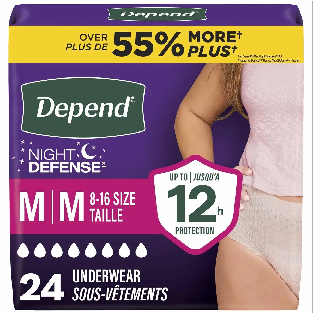 Depend Night Defense Adult Incontinence Underwear for Women, Disposable, Overnight, Medium, Blush (Packaging May Vary) product package