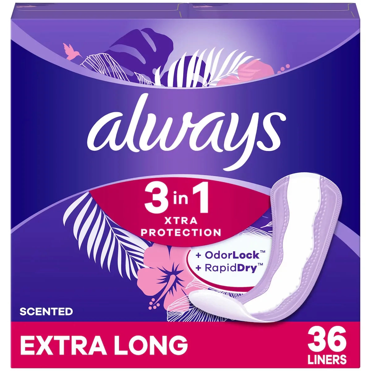 Always 3-in-1 Xtra Protection Daily Liners Extra Long Absorbency, 5x Drier Than Thin, 36 Count front package