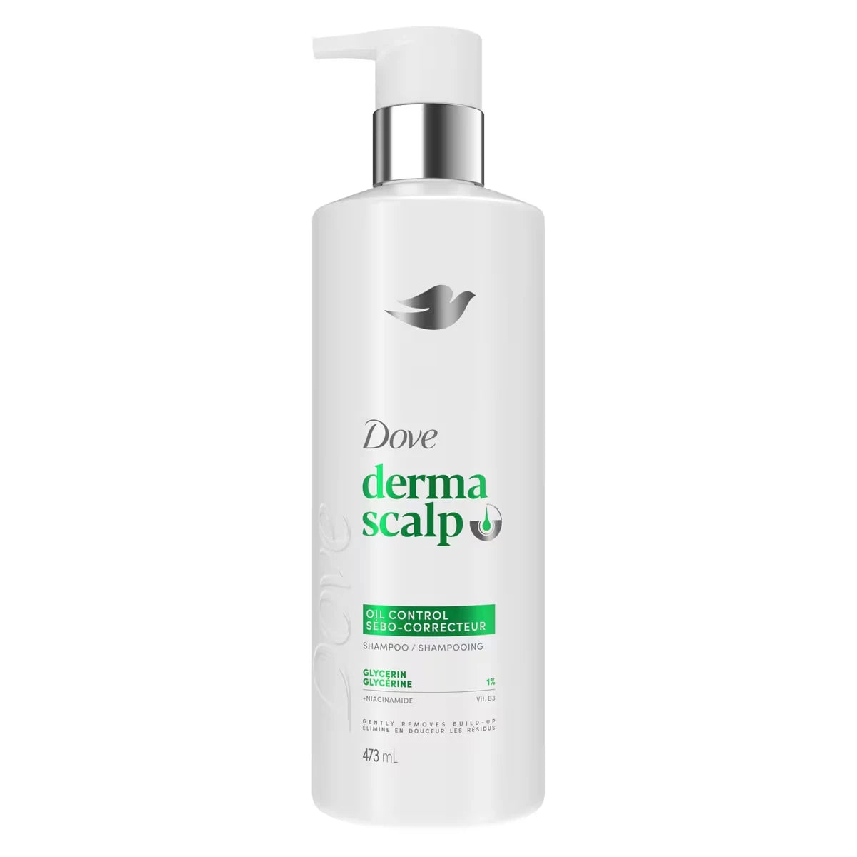 Dove Derma Scalp Shampoo for Gentle Build-Up Removing, Oil Control with Glycerin, 473mL front package