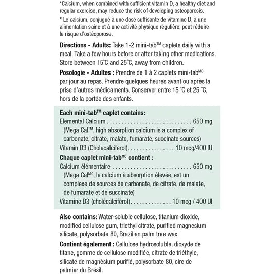Jamieson Mega Cal Calcium + Vitamin D3 400 IU Caplets, 650 mg product detail