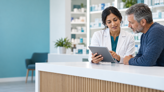Pharmacist and patient reviewing a tablet during a pharmacy consultation