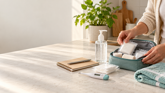 Adult organizing a home health kit with a thermometer, gauze and sanitizer on a bright kitchen counter