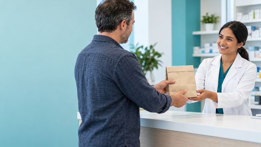 Customer returning a sealed medicine disposal bag to a pharmacist